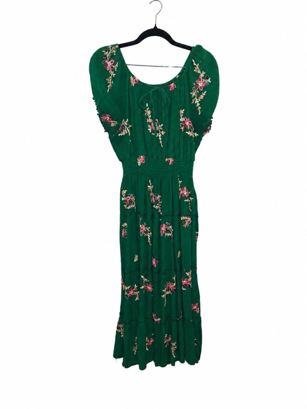 Green Floral Embroidered Boho Peasant Midi Dress Smocked Waist Puff Sleeve Women - Picture 1 of 8